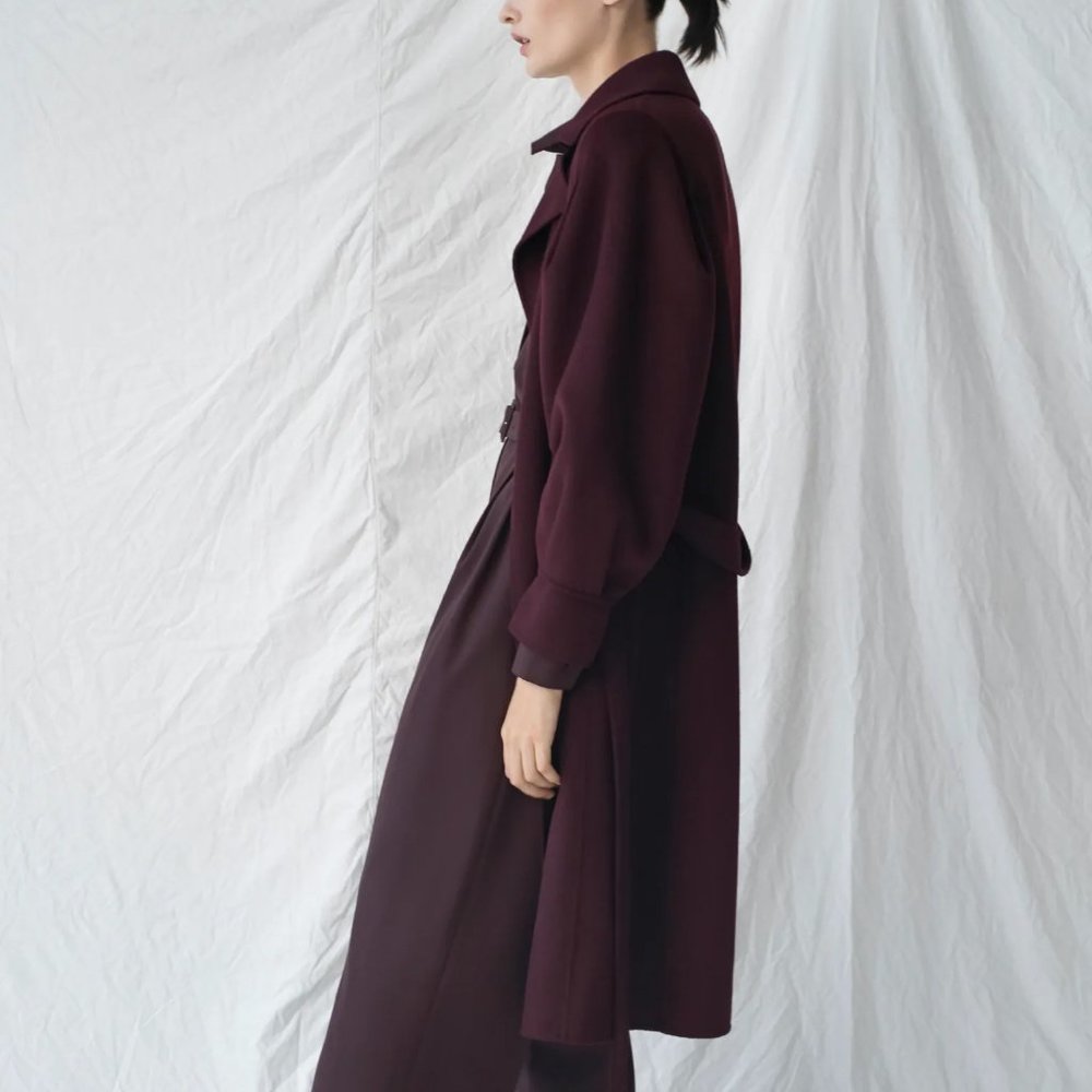 Zara Handmade Belted Wrap Wool Coat Wine - Picture 7 of 10